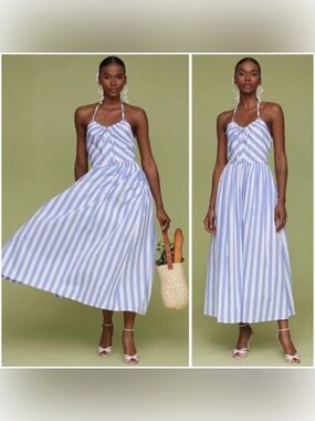Avec Les Filles Cotton Blend Trendy City Chic Striped Halter Maxi Dress 14 NWT